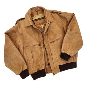 Vintage American Brand Raw Hide Leather Bomber Jacket, Tan, US Mens Large